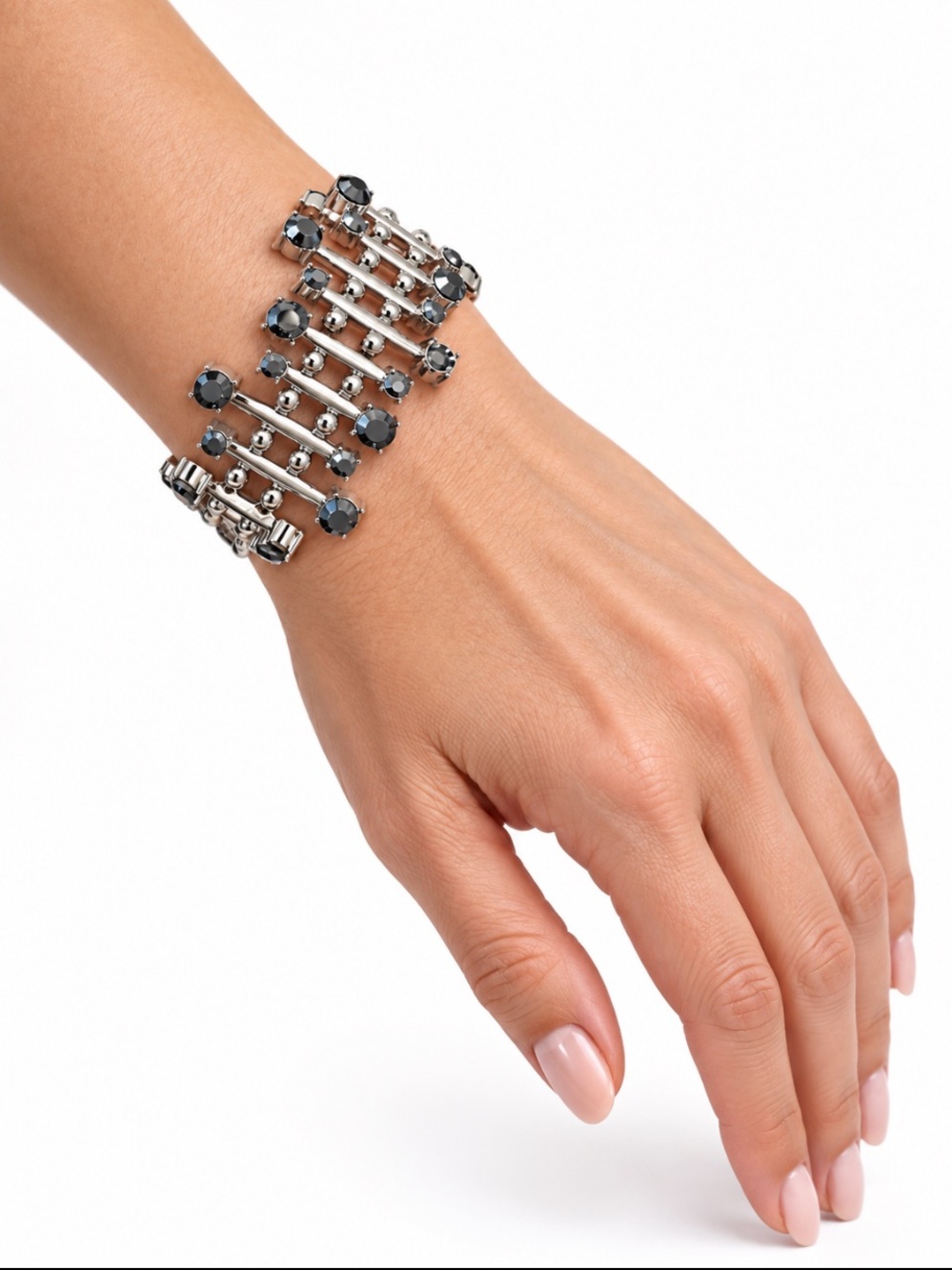 Silver Tone Gunmetal Rhinestone Wide Stretch Statement Bracelet